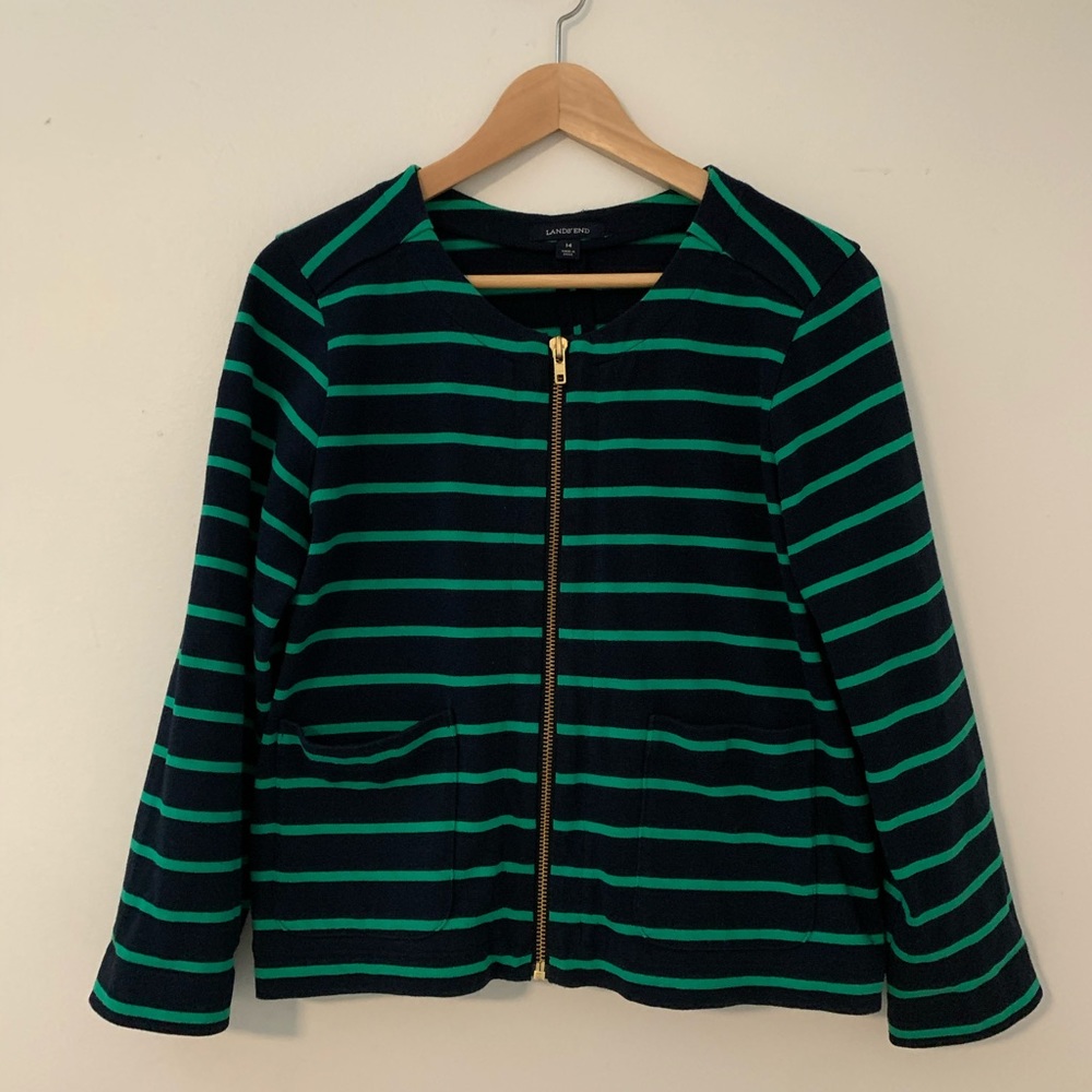 Lands End Navy Green Stripe Zip-Up Sweater Jacket